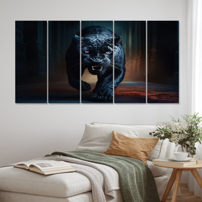 Glorious Black Panther Hunting Wild Nature II - Animals Panther Canvas Print - 5 Equal Panels