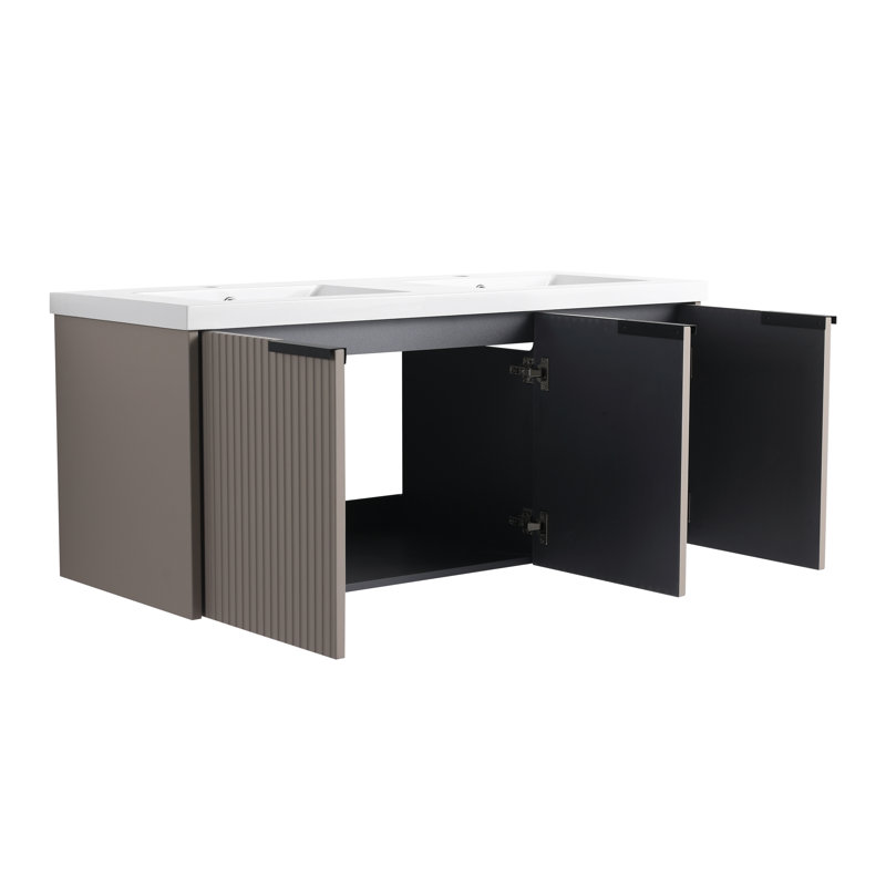 48" Wall Mounted Bathroom Vanity with Resin Double Sink & 3 Soft-Close Doors, Khaki/Black