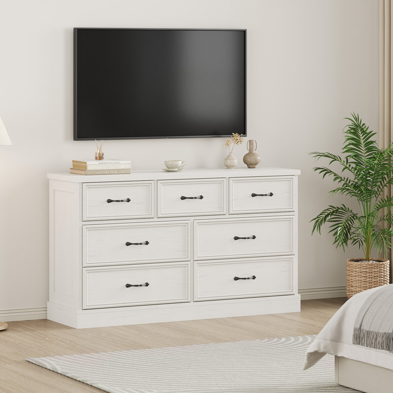 Commode 7 tiroirs en bois de 55 po de large avec grand rangement pour la chambre à coucher ou le salon, Blanc