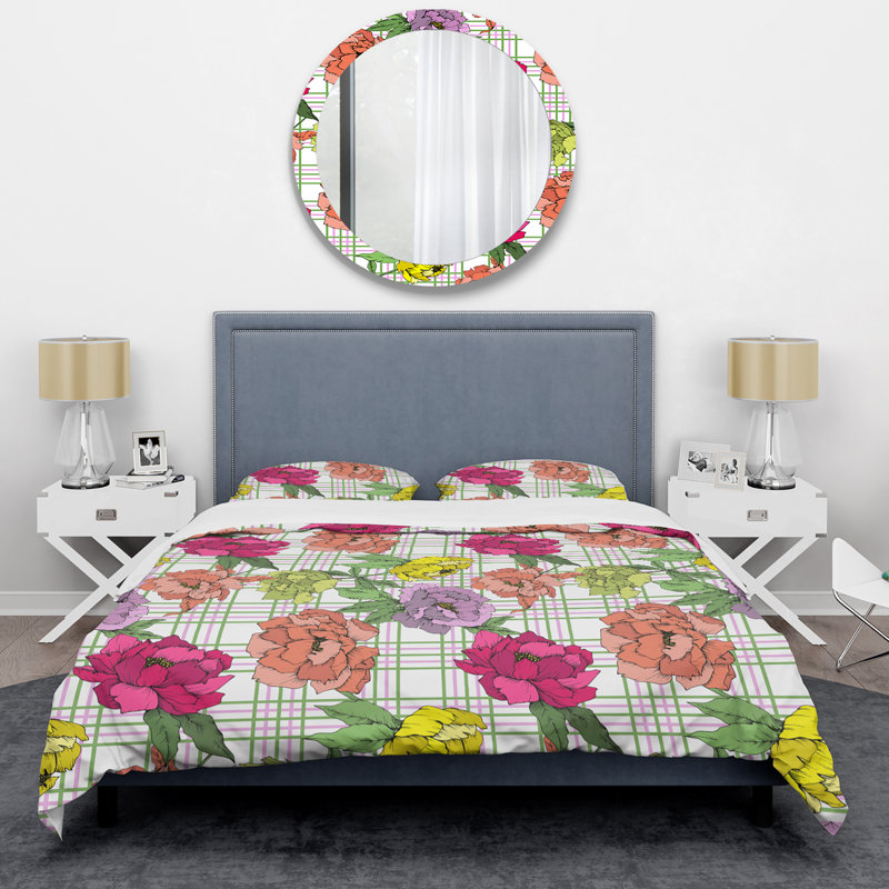 Ensemble de housse de couette rétro fleur et vert - Polyester en microfibre, Housse de couette pour très grand lit et 2 très