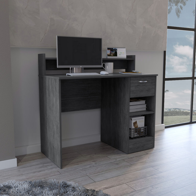 Bureau d'ordinateur avec tablette supérieure ouverte, 1 tiroir et 2 tablettes de rangement