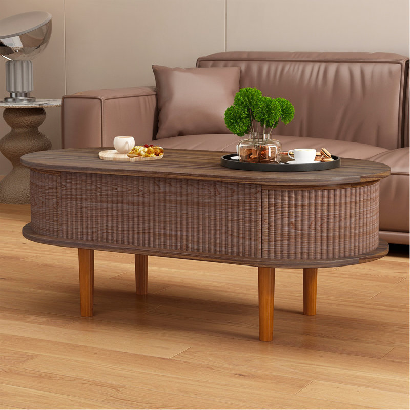 Modern Fluted Lift Top Coffee Table, Walnut Wood Grain Center Table With 3 Hidden Storage Compartments, Stable Hydraulic Mechanism For Living Room & Office | Gift Idea