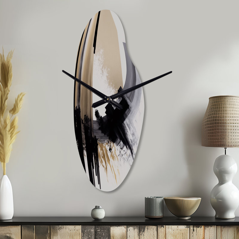 Black, White And Gold Expression IV - Curved Shape Large Black Wall Clock - Unique Shape, Medium