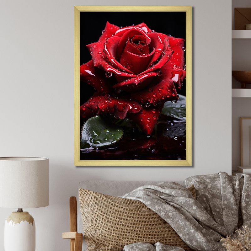 Danylo " Red Black Rose Elegance III " Mixed Media Print, 32" H x 24" W x 1" D, Gold Picture Framed