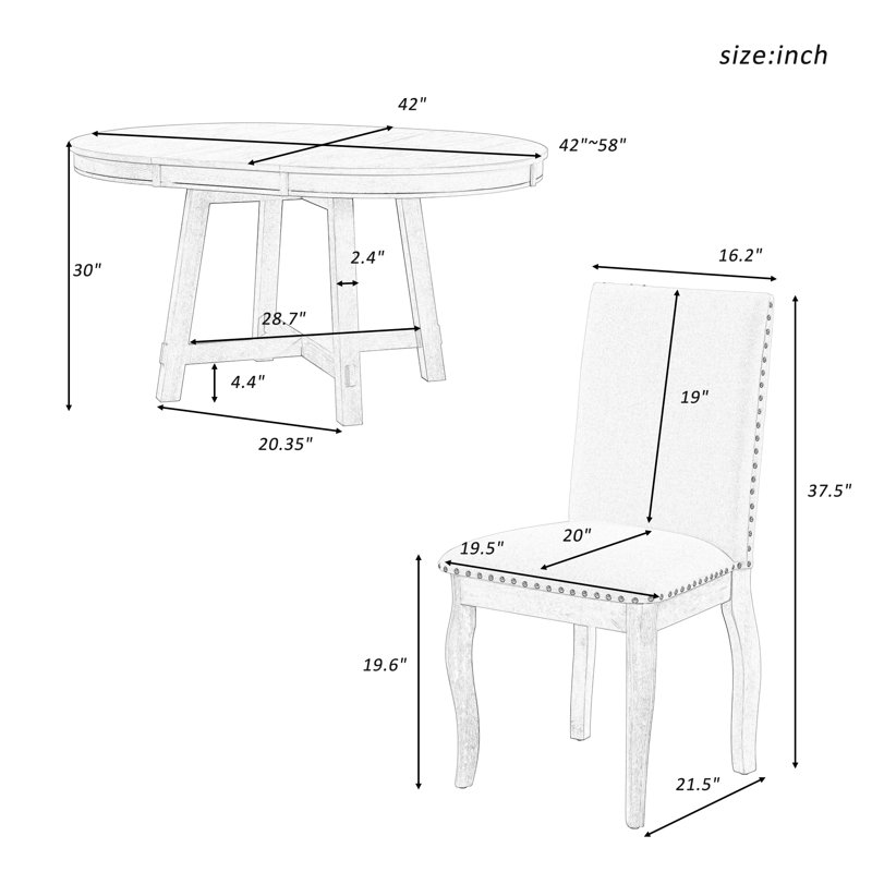 Ensemble de salle à manger extensible, Bois naturel délavé, Espresso/blanc, Bois naturel délavé