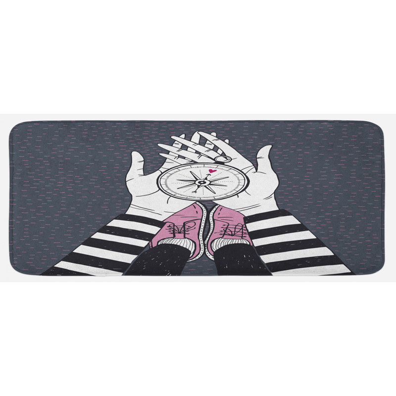 Tapis de cuisine à la recherche de love fille qui tient un dispositif de navigation impression à main blanc gris