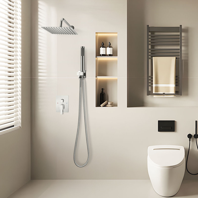 Shower Faucet Set, Rainfall Bathroom Shower System with 10-Inch Square Rain Shower Head and Handheld Spray, Wall Mounted Bath Fixtures with Brass Valve and Trim Kit, Silver Chrome