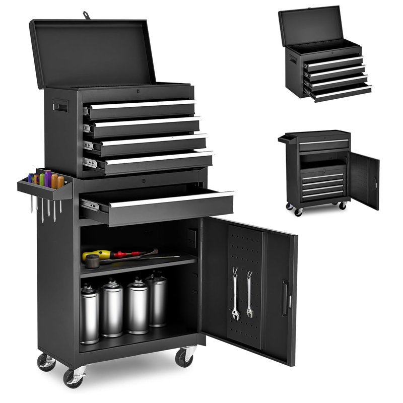 Five-drawer rolling tool storage cabinet with removable top toolbox, adjustable shelf