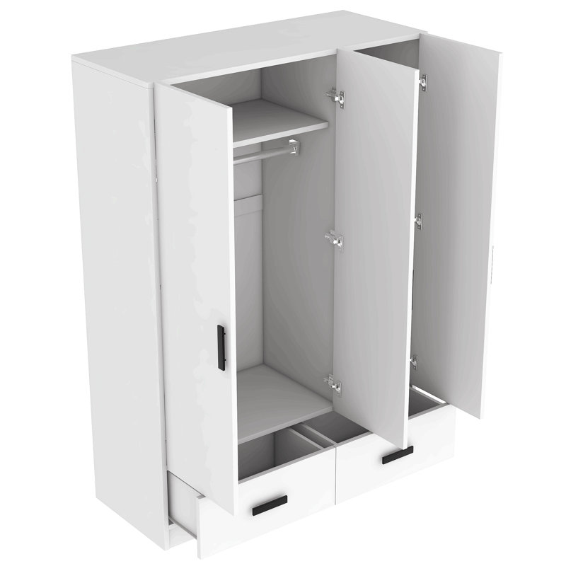 Garde-robe 3 portes avec tiroirs de rangement, tablettes et tringle