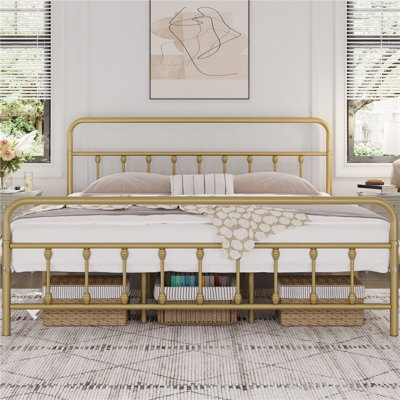 Classic Iron Platform Bed with High Headboard and Footboard
