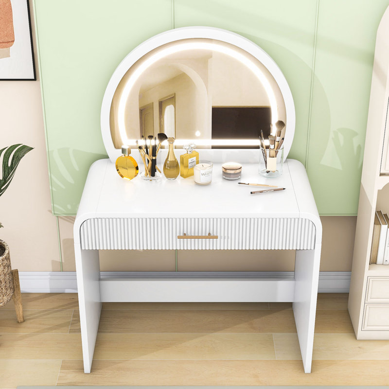 Modern Makeup Vanity Table with LED Touch Mirror, Curved Edges and Wavy Drawer, White