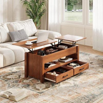 Coffee Table Lift Top, Convertible Coffee Table with Wooden Lift Tabletop, 2 Drawers and Hidden Compartment, Central Table with Storage for Living Room Home Office