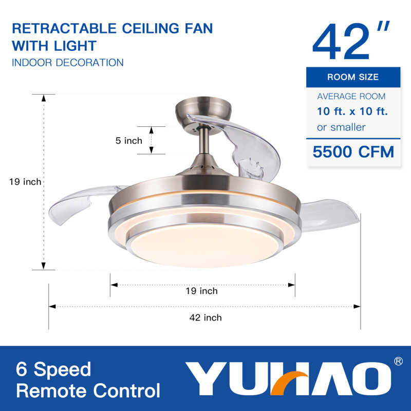 42 In. Retractable Ceiling Fan With Remote Control