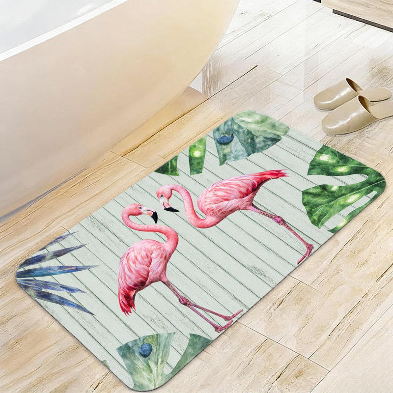 Tropical Pink Flamingo 20" x 32" Bath Rug for Bathroom Bedroom Green