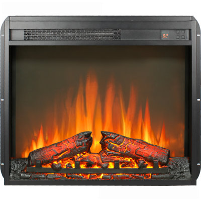 Foyer électrique encastrable, foyer mince de 23 pouces avec flamme réaliste Ensemble de bûches, télécommande, minuterie | Verre trempé + tôle + plastique | Noir antique