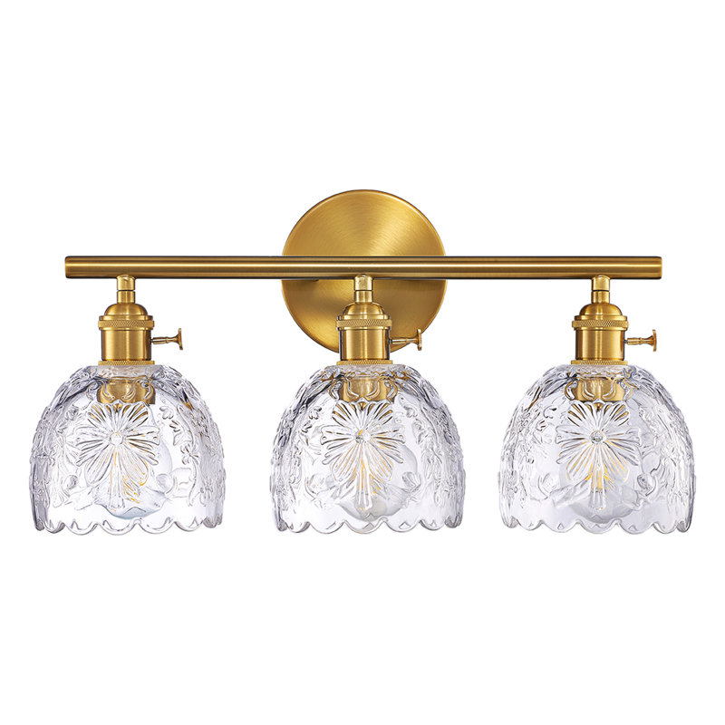 Éclairage pour salle de bain 3 lumières en laiton brossé avec abat-jour en verre floral