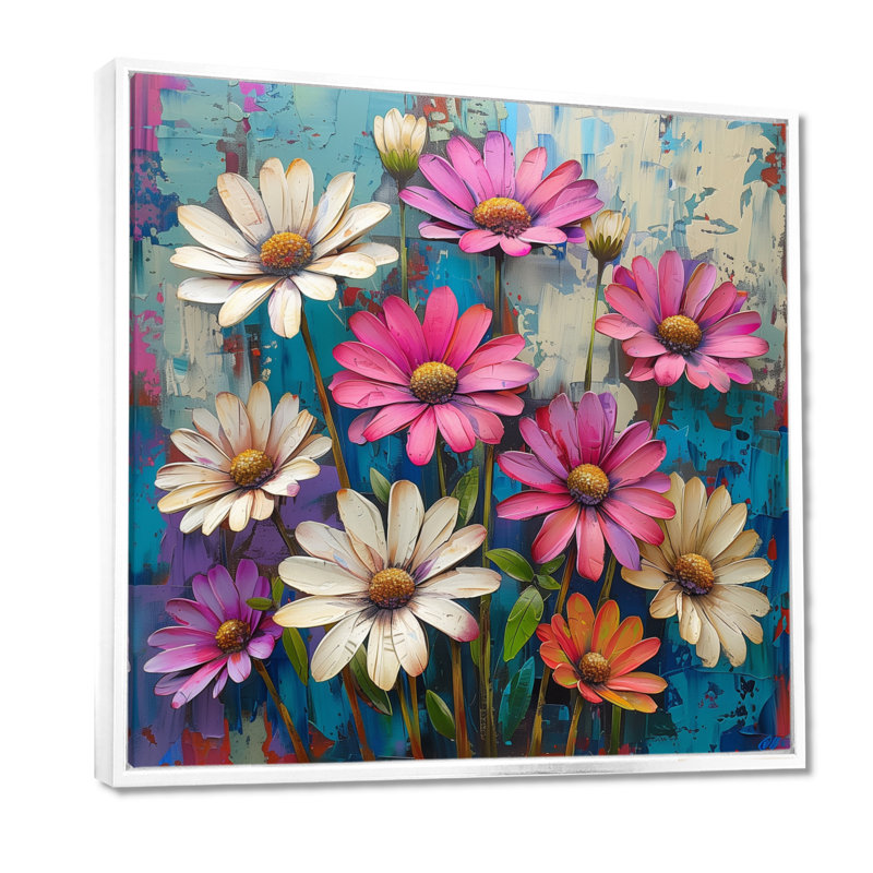 Rose, blanc, fleurs éclatantes, marguerites bleues - marguerites, salon d'art mural, H 30 po x l 30 po x P 1 po