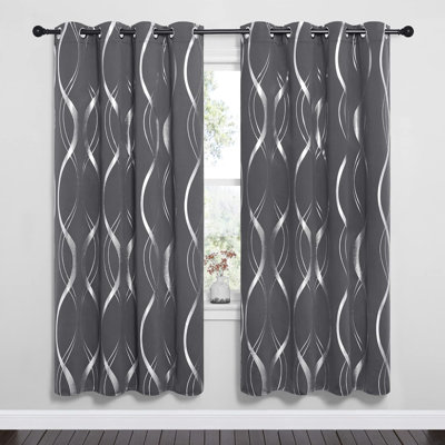 Blackout Curtains Panels Window Treatment Thermal Insulated Solid Grommet Blackout Wave Line Foil Print Design Curtains for Living Room Set of 2