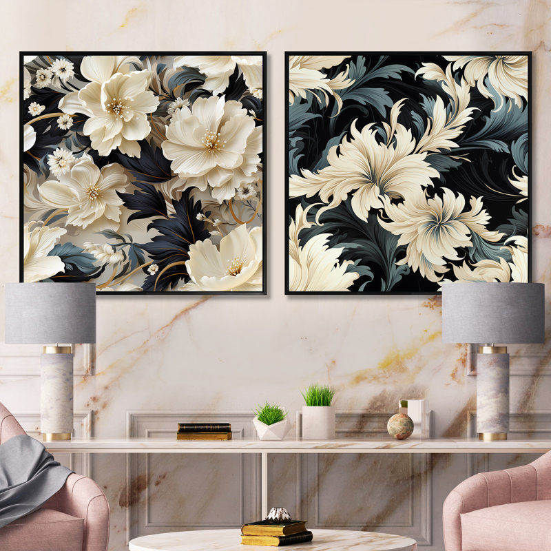 Willia - Ensemble de 2 collages carrés floraux, Cadre flottant noir, H 36 po x l 73 po