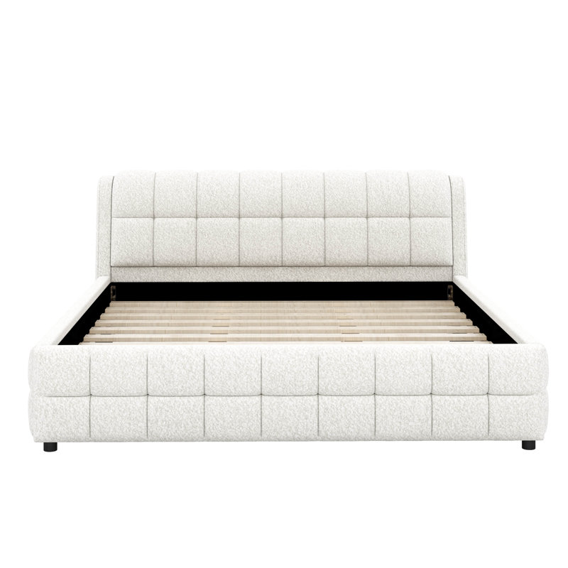 Très grand lit plateforme tapissier California, White