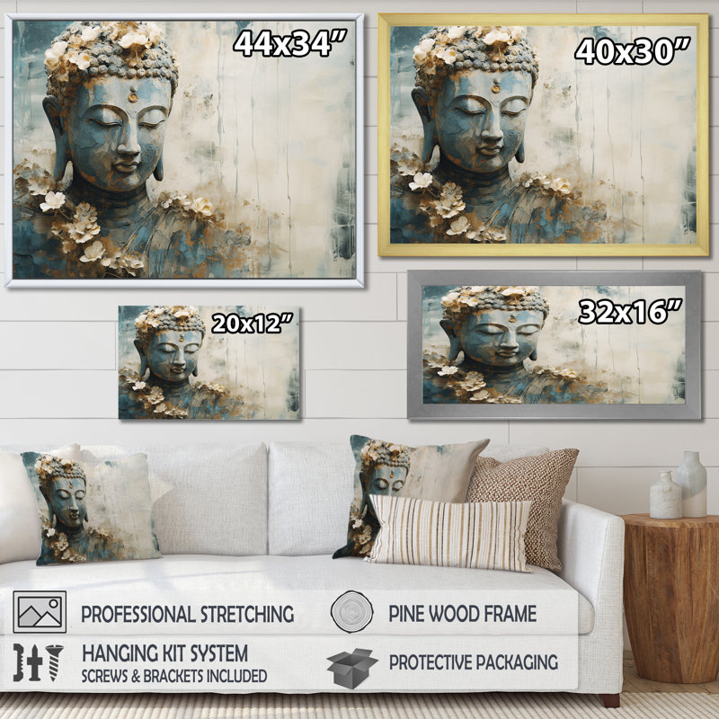 Statue de bouddhisme religieux - art mural bouddhisme, Cadre doré, H 16 po x l 32 po x P 1 po