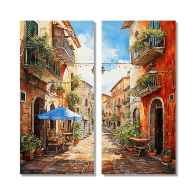 «Italian Village Essence», ensemble de 2 reproductions d'art sur toile, paysages bleus