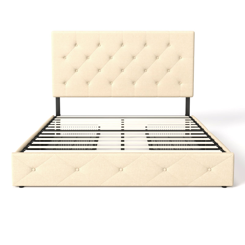Structure de lit plateforme tapissier avec 4 tiroirs de rangement et tête de lit, capitonné à boutons modernes, Double, Beige
