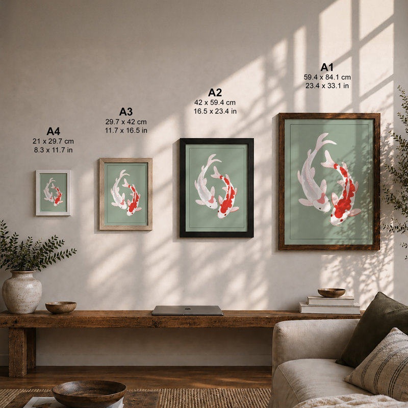 Dancing Koi Japandi - Framed Print, A2 - 59.4 x 42.0 cm, Walnut