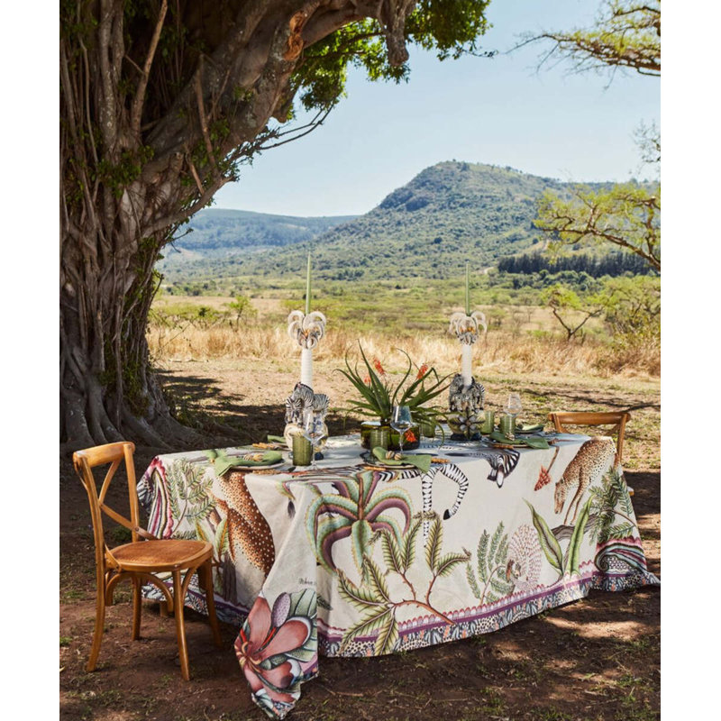 Ardmore Cotton Tablecloth, 94" Rectangle, Beige/Green