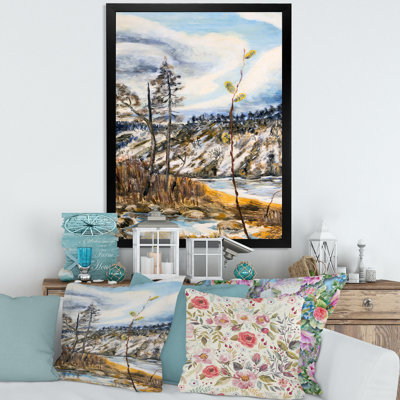 Paysage de printemps avec le ciel nuageux et la rivière - peinture sur toile