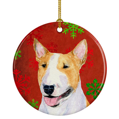 Ornement figurine suspendu en céramique bull terrier flocons de noël