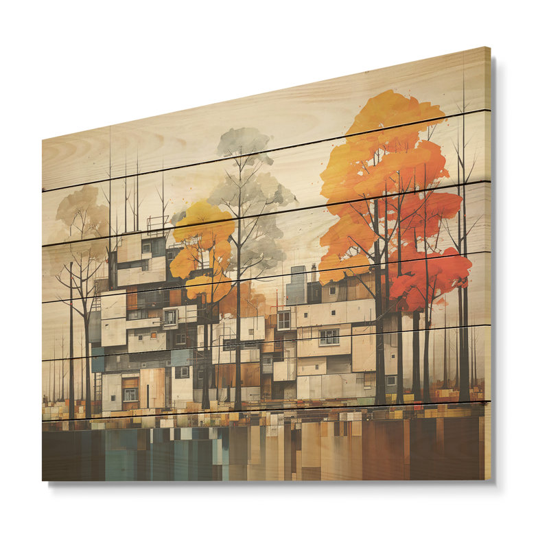 Maison de campagne cubique De Stijl - Forêt, art mural sur bois de pin naturel, H 10 po x l 20 po