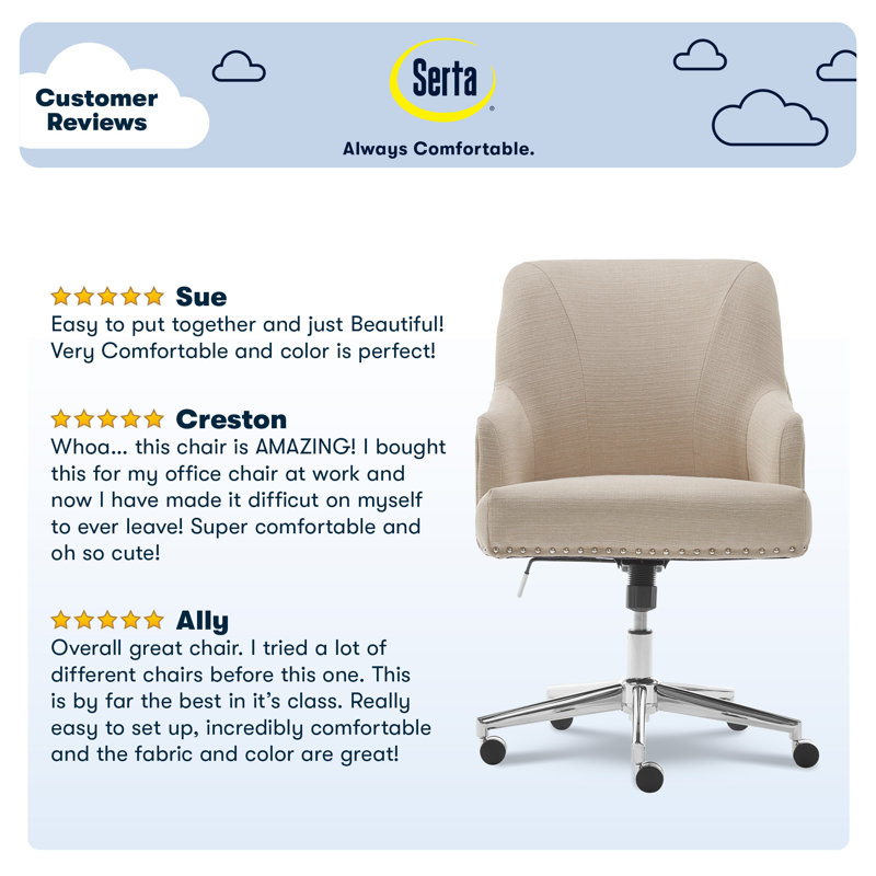 Serta Leighton Home Office Desk Chair, Mid-Back with Chrome Nailheads, Memory Foam Cushion and Padded Arms, Mid Century Modern Vanity Armchair with Wheels, Swivel Base, Twill Fabric, Stoneware Beige - Thumbnail 3