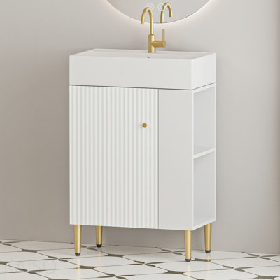 Meuble-lavabo à tablettes ouvertes de 21,6 po avec lavabo en céramique et porte à fermeture en douceur, armoire de rangement pour vestiaire sur le côté droit, assemblage requis, finition blanche.