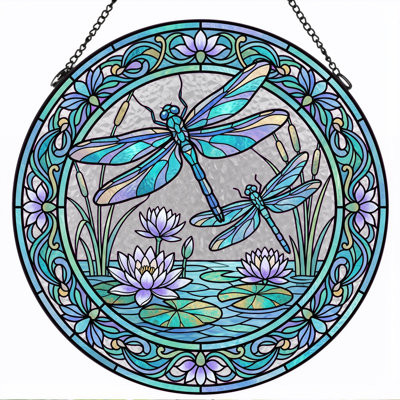 Dragonfly Pond Stained Glass Window Panel，7.8H