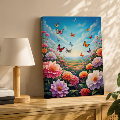 Toile une scène colorée vibrante remplie d'une variété de fleurs murales en fleurs dans des tons de rose, orange et blanc