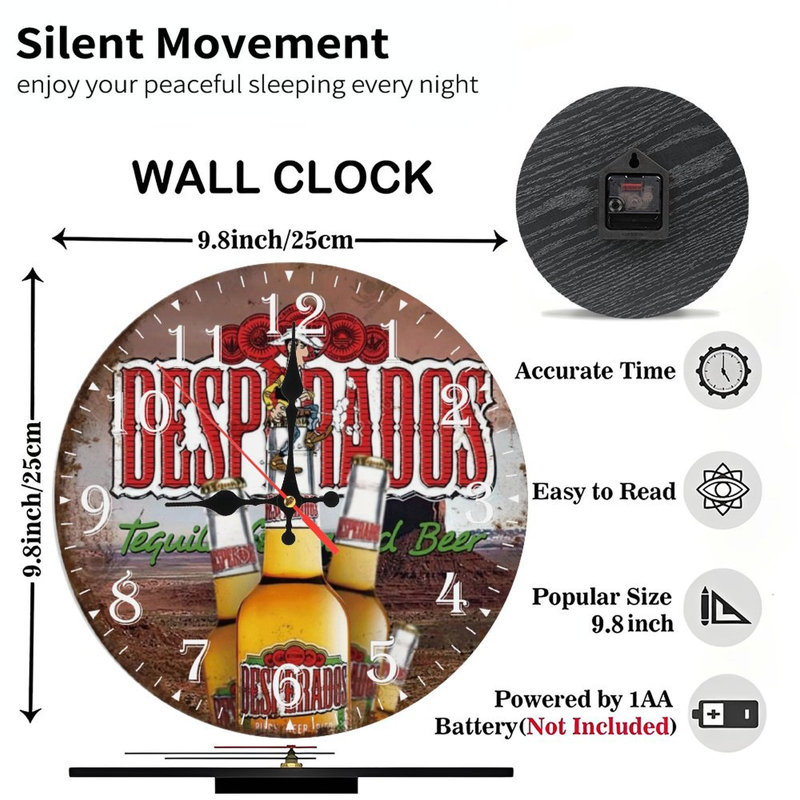 Horloge murale en bois 10 po, mouvement silencieux, à piles (piles AA non incluses), décor artistique, parfait pour les décorations
