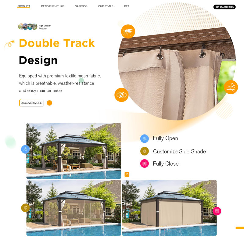 16 Ft. W X 12 Ft. D  Hardtop Gazebo, Outdoor Metal Gazebo with Double Roof Canopy, Permanent Pavilion with Netting and Curtains for Lawn, Garden, Patio