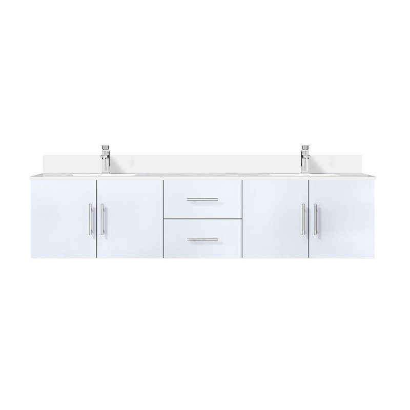 Geneva 80" Wall-Mounted Double Bathroom Vanity Set, Glossy White, White Cultured Marble
