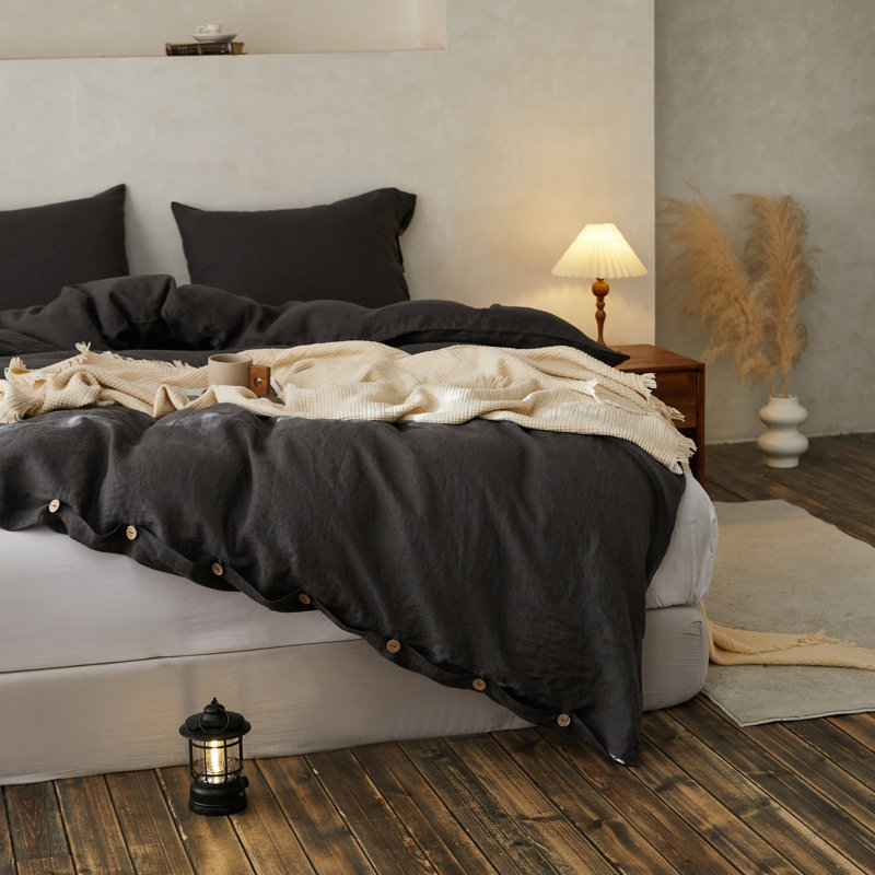 Duvet Cover Set-Button Loop, King Duvet Cover + 2 King Shams, Dark Gray