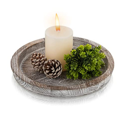 Whitewash Wooden Round Serving Tray - Farmhouse Decor For Coffee Table, Kitchen Counter
