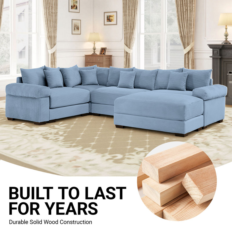 116.9" Corduroy Sectional Corner Sofa 5 Piece Oversized Modular Deep Seat Cloud Couch With Upholstered Movable Ottoman