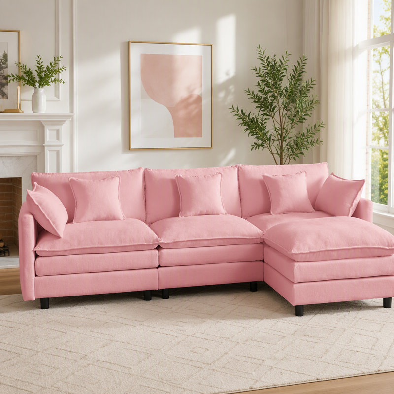 Canapé modulaire en L en forme de L avec repose-pieds mobile, revêtement en chenille, rose, L 110 po, Chenille rose