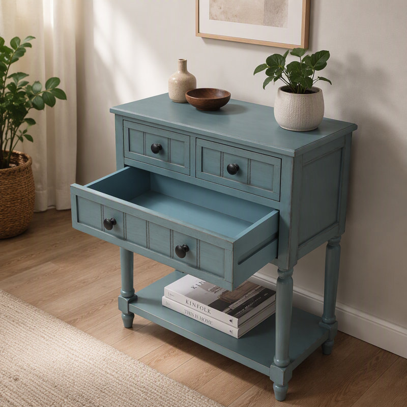 Console étroite, canapé-lit mince avec trois tiroirs de rangement et tablette inférieure pour le salon, assemblage facile (bleu marine)