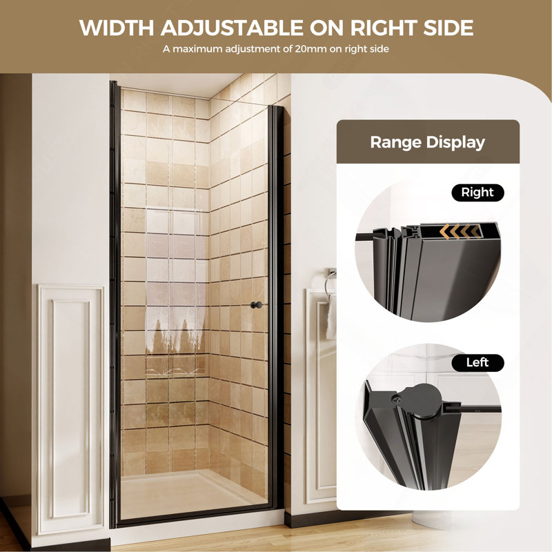 Porte de douche pivotante sans cadre, verre trempé clair de 1/4 po (6 mm), antidéflagrant