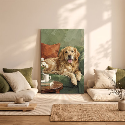 Golden Retriever on Green Sofa Impressionist Dog Canvas Art