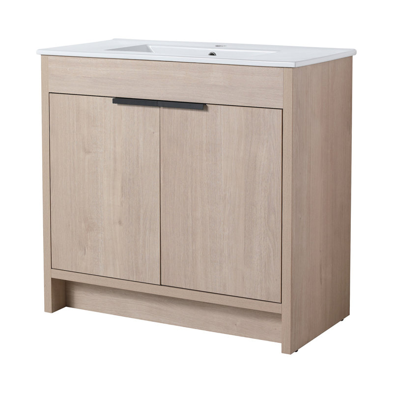 Meuble-lavabo autoportant de 36 pouces avec lavabo en céramique et 2 portes d'armoire à fermeture en douceur, Chêne clair uni