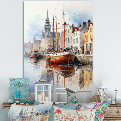 Bateau de pêche rouge et gris au port II