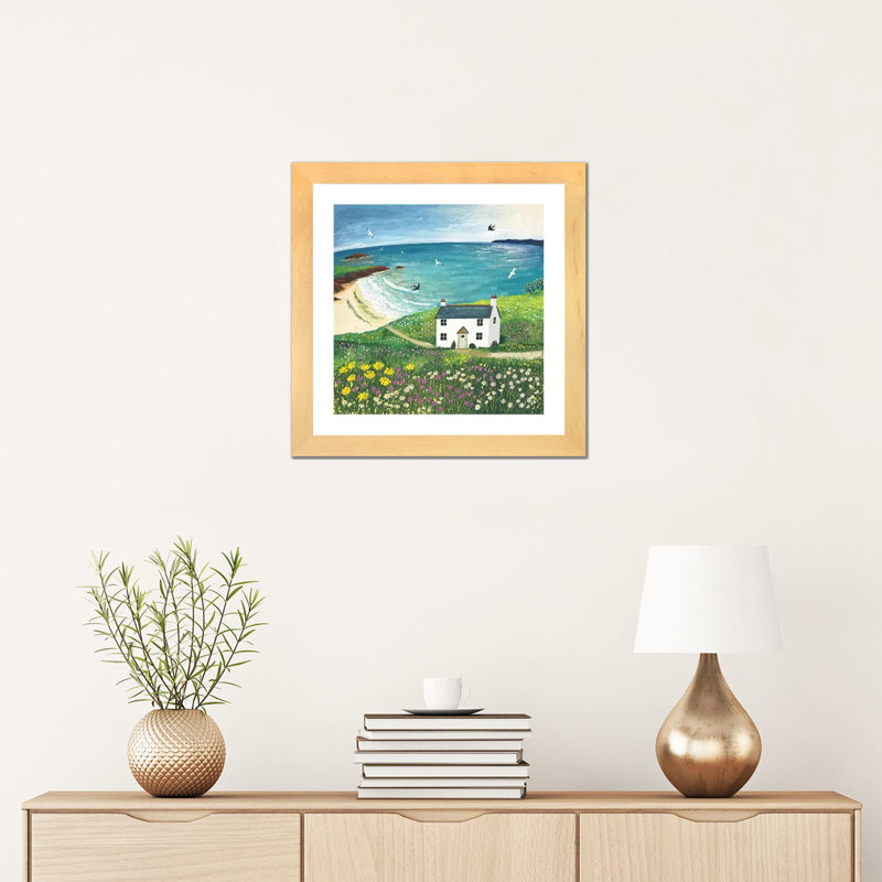 "Seaside cottage" par Jo Grundy, reproduction d’art, Toile avec cadre en bois beige, Blanc, H 16 po x l 16 po x p 1 po