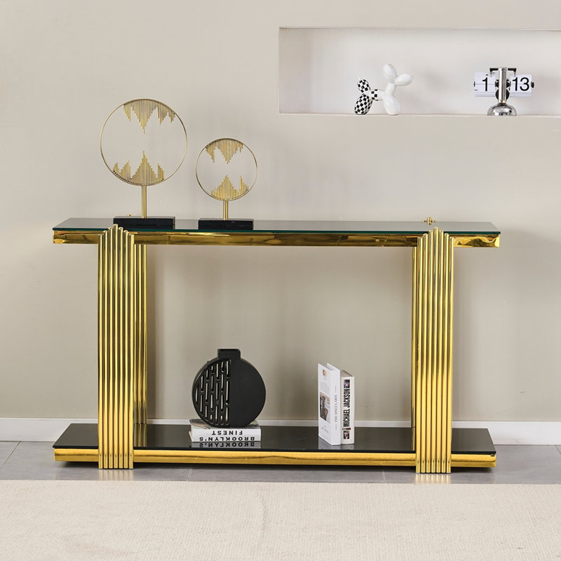 Console 55 po avec miroir à deux niveaux, idéale pour les salons, les couloirs et les vestibules, Gold